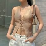 Top piel sintética mujer | Cordones frontales elegantes